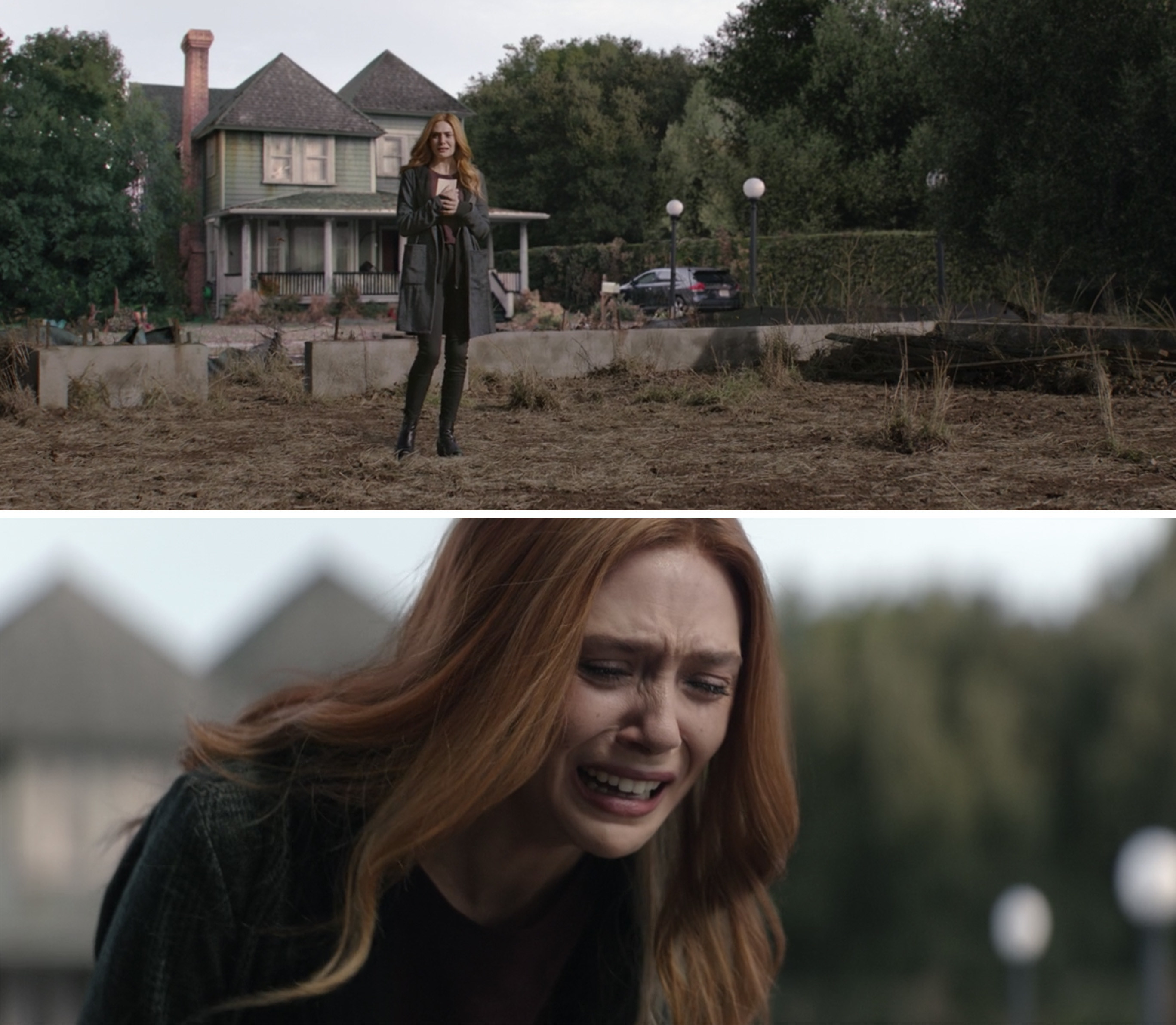 Wanda weeping and standing on the lot where she and Vision&#x27;s house would be