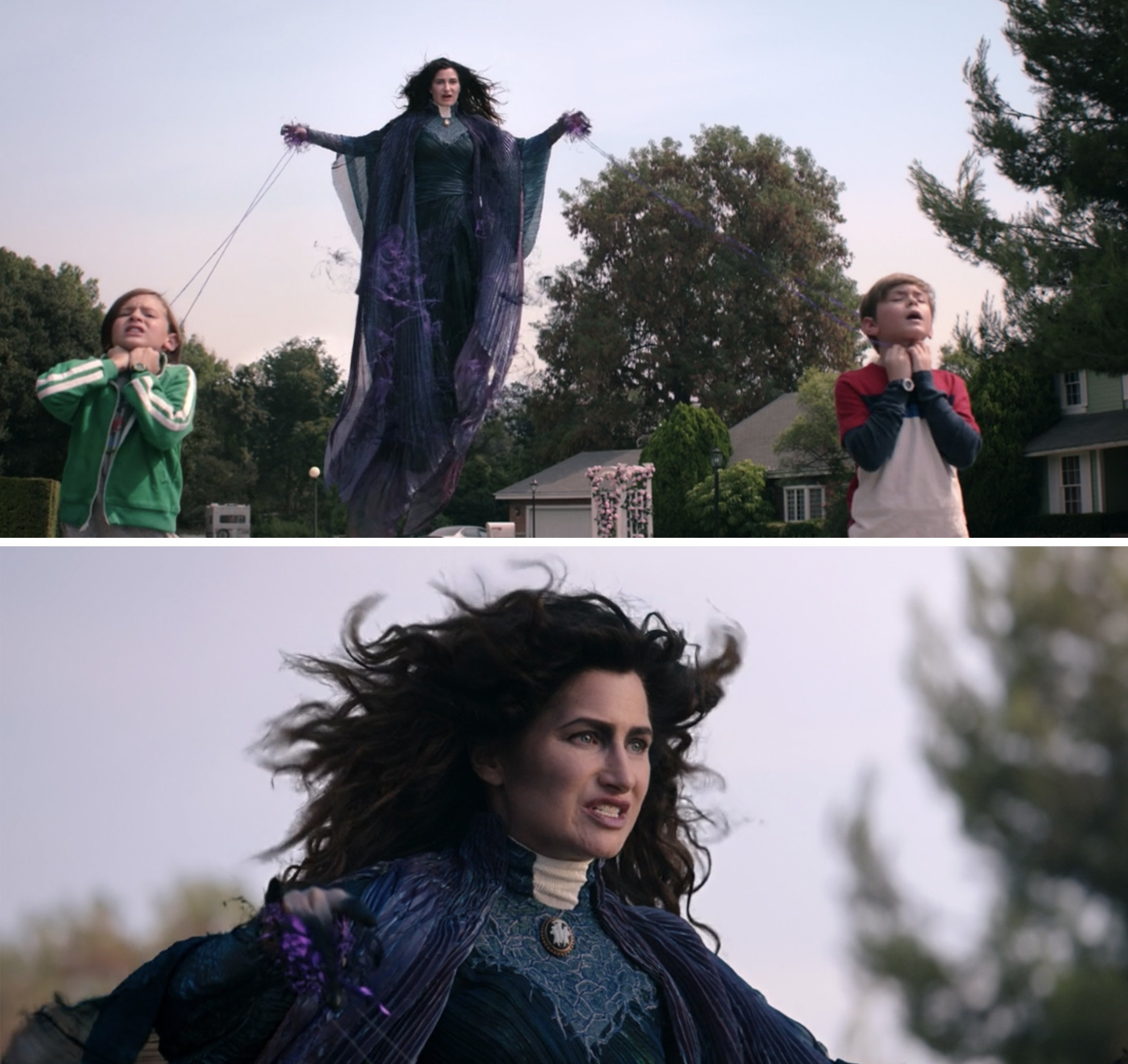 Agatha in a blue dress and purple magic radiating off of her while she uses a rope to hold Tommy and Billy in place