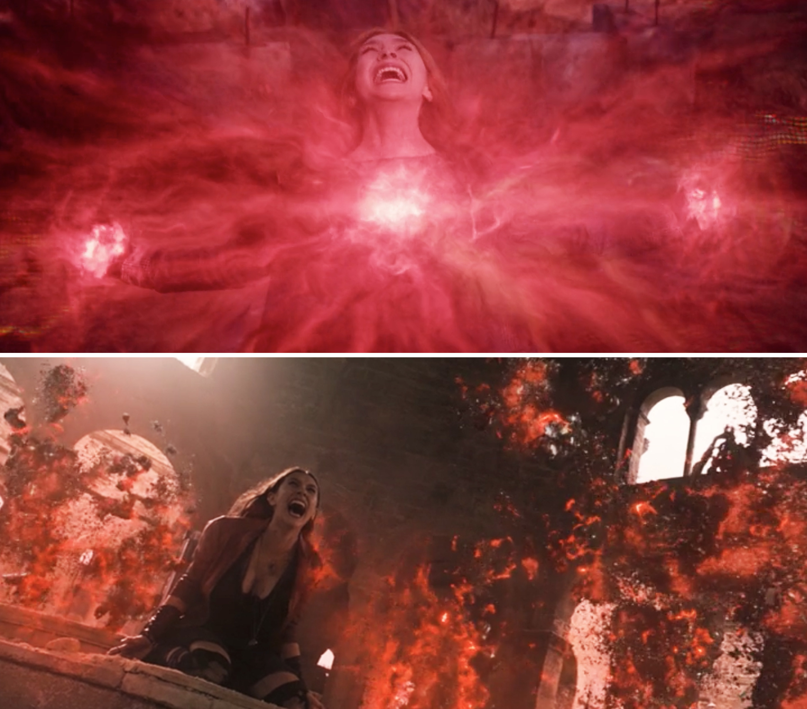 Red magic coming out of Wanda&#x27;s chest vs. red magic killing Ultron&#x27;s minions