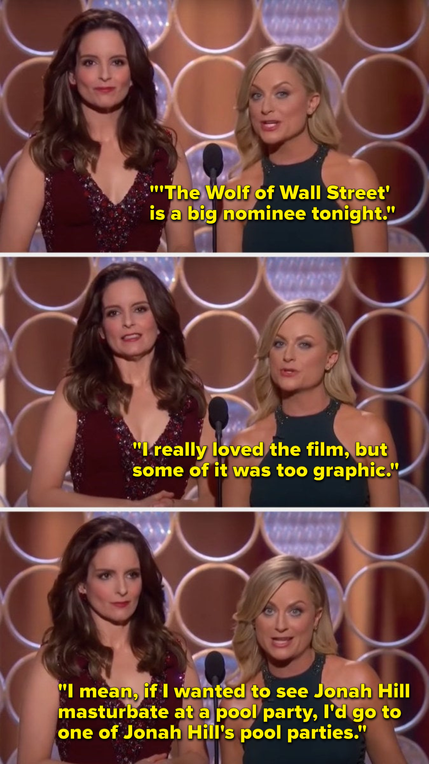 Poehler says, &quot;&#x27;The Wolf of Wall Street is a big nominee tonight, I really loved the film, but some of it was too graphic, I mean, if I wanted to see Jonah Hill masturbate at a pool party, I&#x27;d go to one of Jonah Hill&#x27;s pool parties&quot;