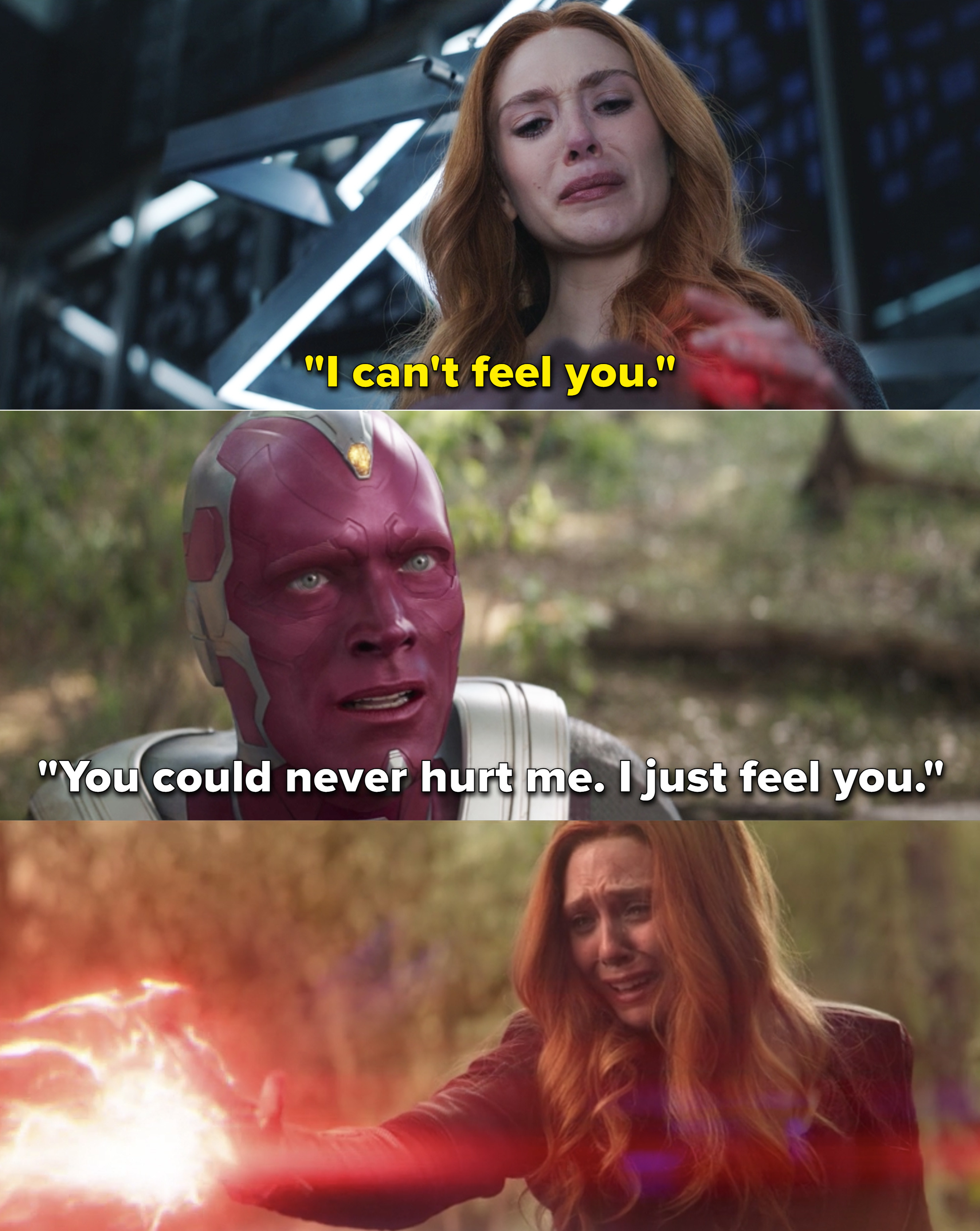 Wanda saying &quot;I can&#x27;t feel you&quot; and Vision telling Wanda, &quot;You could never hurt me. I just feel you&quot;