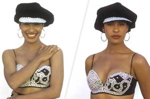split image of selena photographed in 1992, on the left she is smiling while on the right she appears more direct and focused