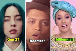 Billie Eilish in the "bad guy" music video; Bruno Mars in the "Just The Way You Are" music video; Cardi B in the "I Like It" music video