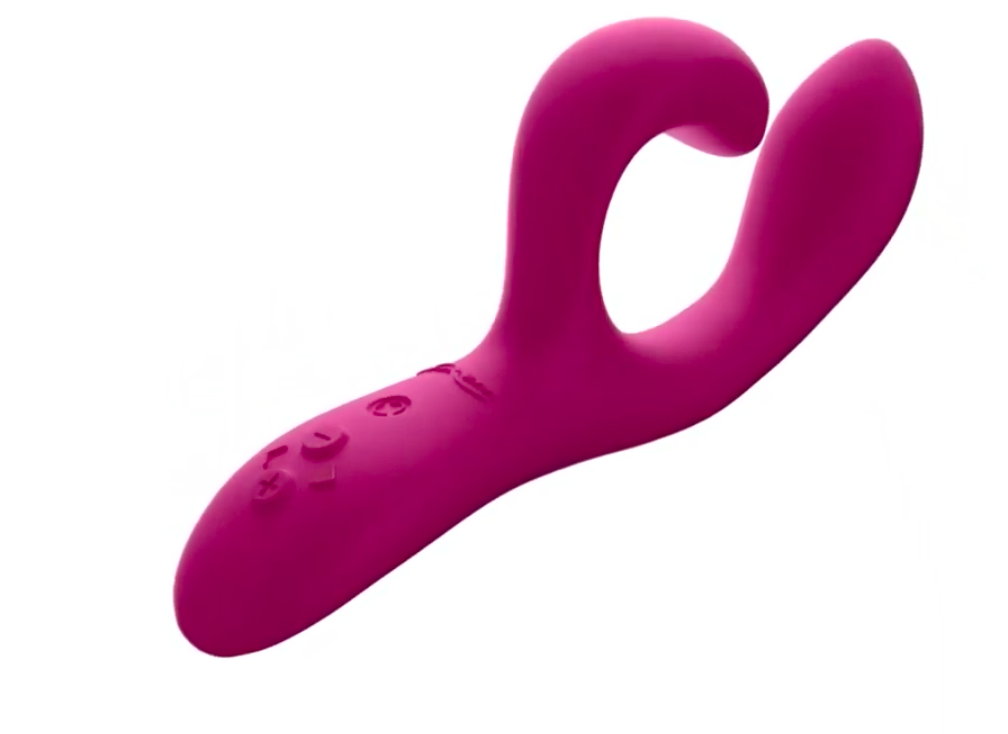 the flexible pink vibrator with control buttons on the base of the toy 