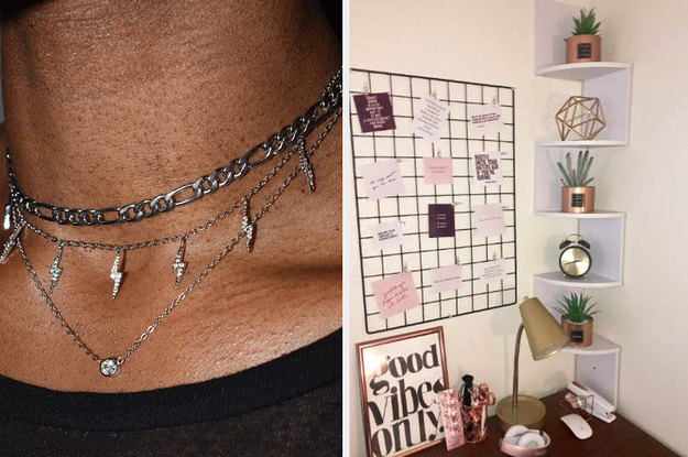 a model wearing layered silver necklaces and a reviewer's desk with a white corner shelf