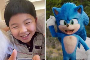 Alan Kim reacting to a message from Sonic the hedgehog and Sonic waving in the 2020 film
