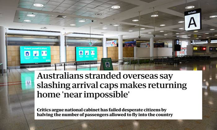 an empty airport in Sydney with the news headline: &quot;Australians stranded overseas say slashing arrival caps makes returning home &#x27;near impossible&#x27;&quot;