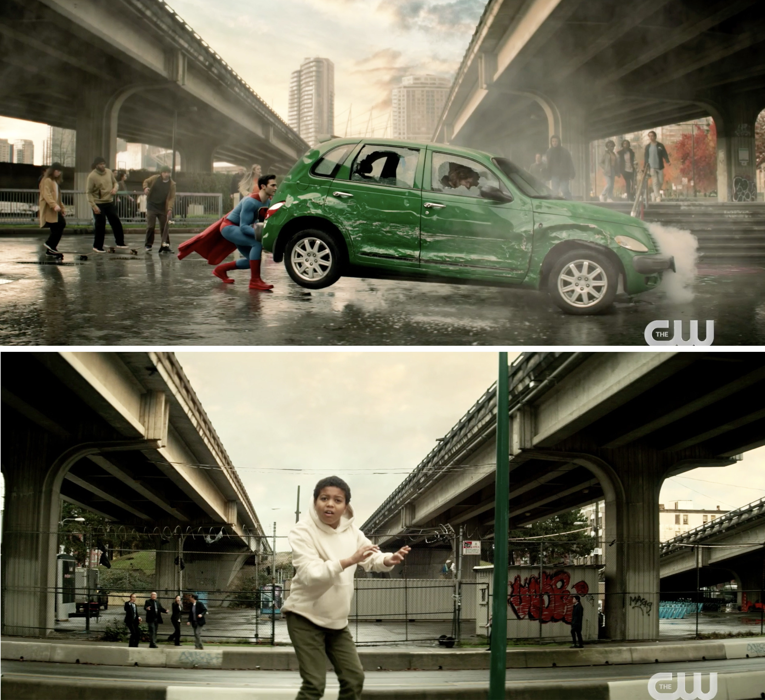 Superman stopping a green car from crushing a child