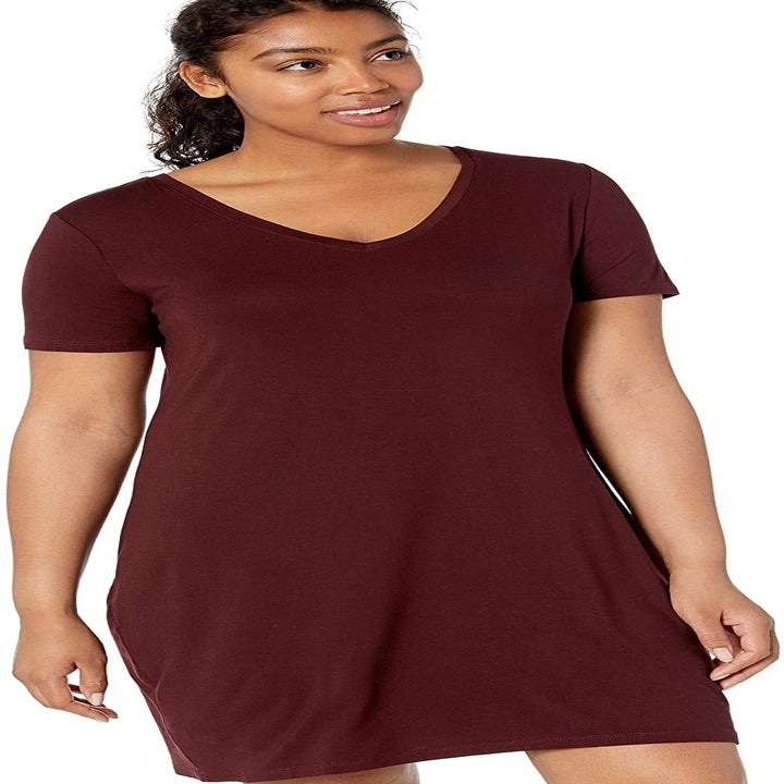 model wearing the burgundy dress 