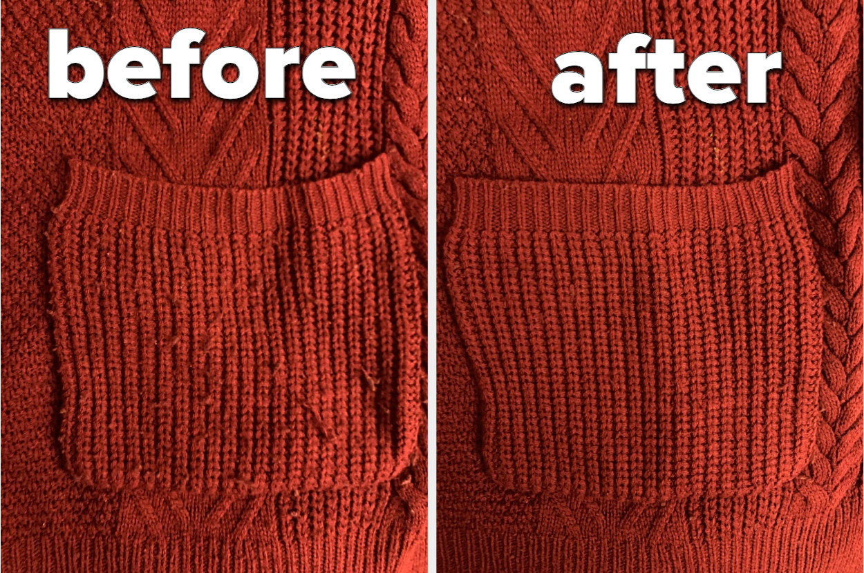 a before sweater with a lot of threads and fabric balls and an after sweater clean and smooth looking like new