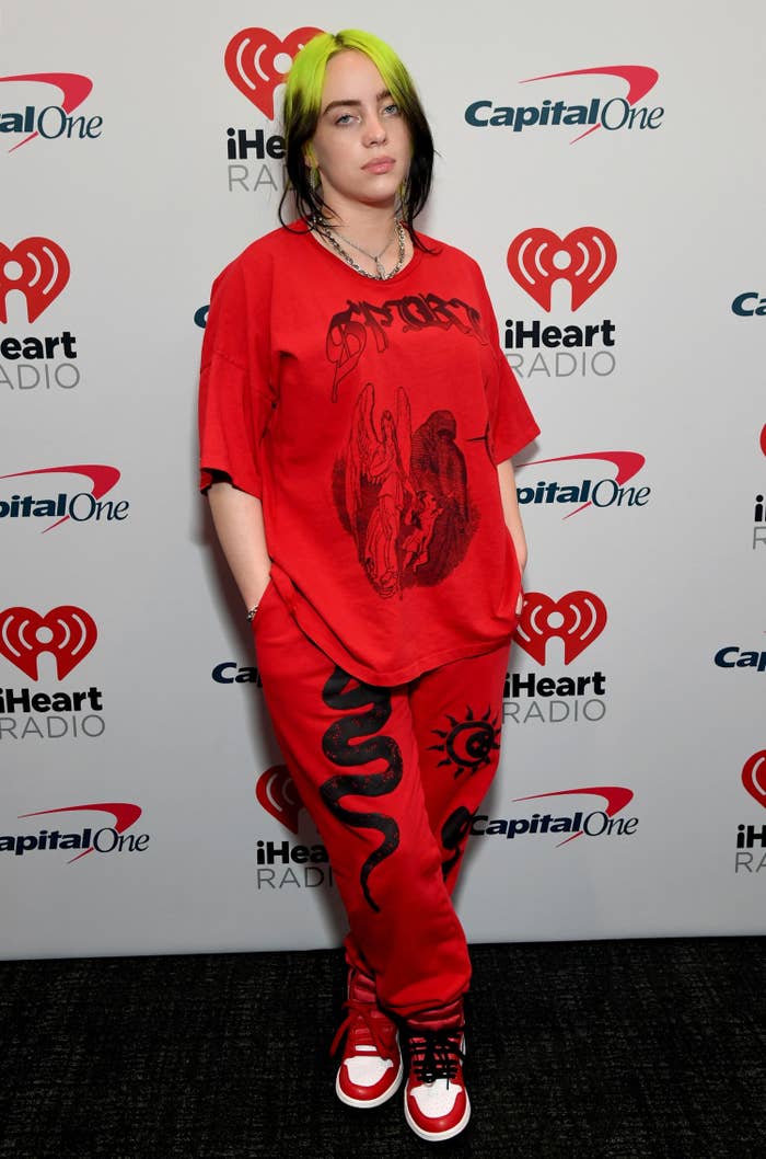 Billie on the red carpet in an oversized tee-shirt and matching sweatpants