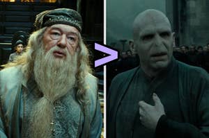 Dumbledore on the left and voldemort on the right with a "greater than" sign pointing toward dumbledore 
