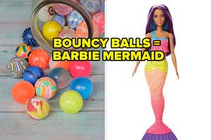 bouncy balls on a wooden table next to a barbie mermaid doll