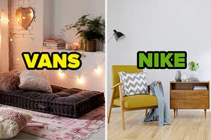 A daybed is on the left with lights hanging around labeled, "VANS" and a chair next to a desk labeled, "NIKE"