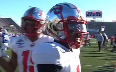 Silver helmet with a red &quot;WKU&quot; banner