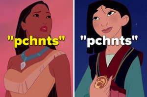 Pocohontas is on the left labeled, "pchnts" with Mulan on the right labeled, "pchnts"
