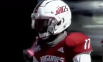 White helmet with the word &quot;Jags&quot; in red letters