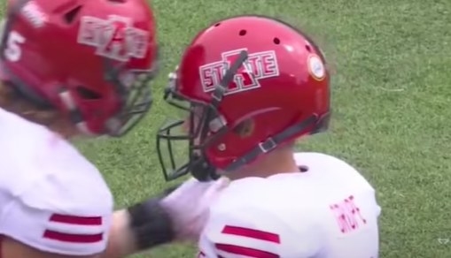 Red helmet with the word &quot;state&quot; on it, but the &quot;a&quot; in &quot;state&quot; is capitalized