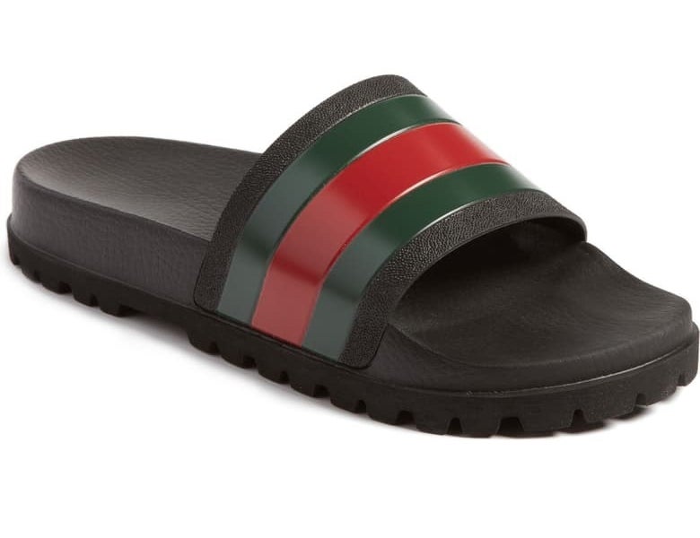 black gucci slide sandals with a green and red striped strap