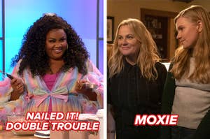 Left: Nicole Byer in "Nailed It"; Right: A screenshot from the Netflix film "Moxie"