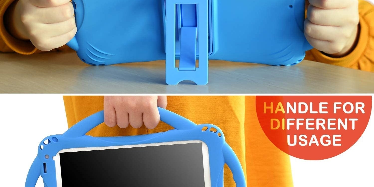 child holding the tablet case by the side handles