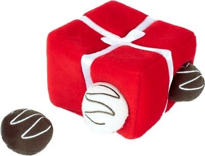 a box of plush chocolates for dogs to play with