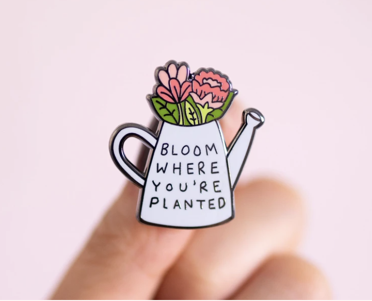 a pin of a watering can that says &quot;bloom where you&#x27;re planted&quot;