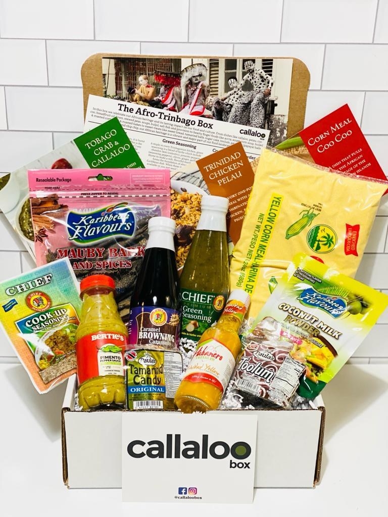 Callaoo Box filled with Afro-Trinbago condiments, seasonings, spices, and snacks