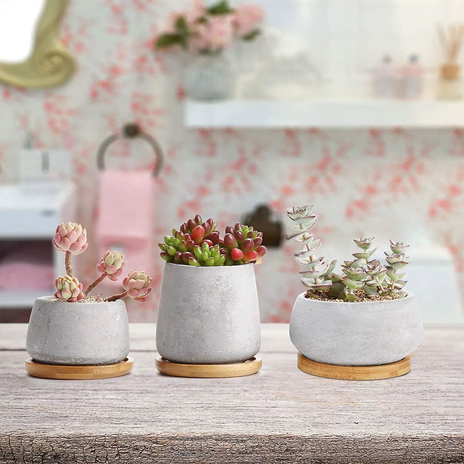 Three cement pots of various sizes sitting on bamboo coasters