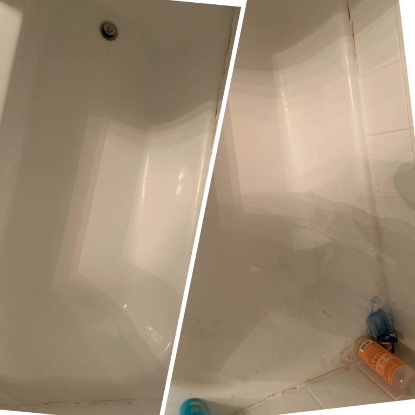 A before and after of a reviewer&#x27;s tub looking grubby then cleaner