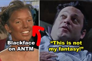 Side-by-side of a contestant wearing blackface on "America's Next Top Model" and Vince Vaughn in a scene from "Wedding Crashers"