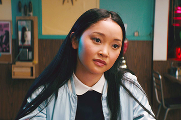 Lana Condor, wearing a jacket and blouse, in To All the Boys I've Loved Before