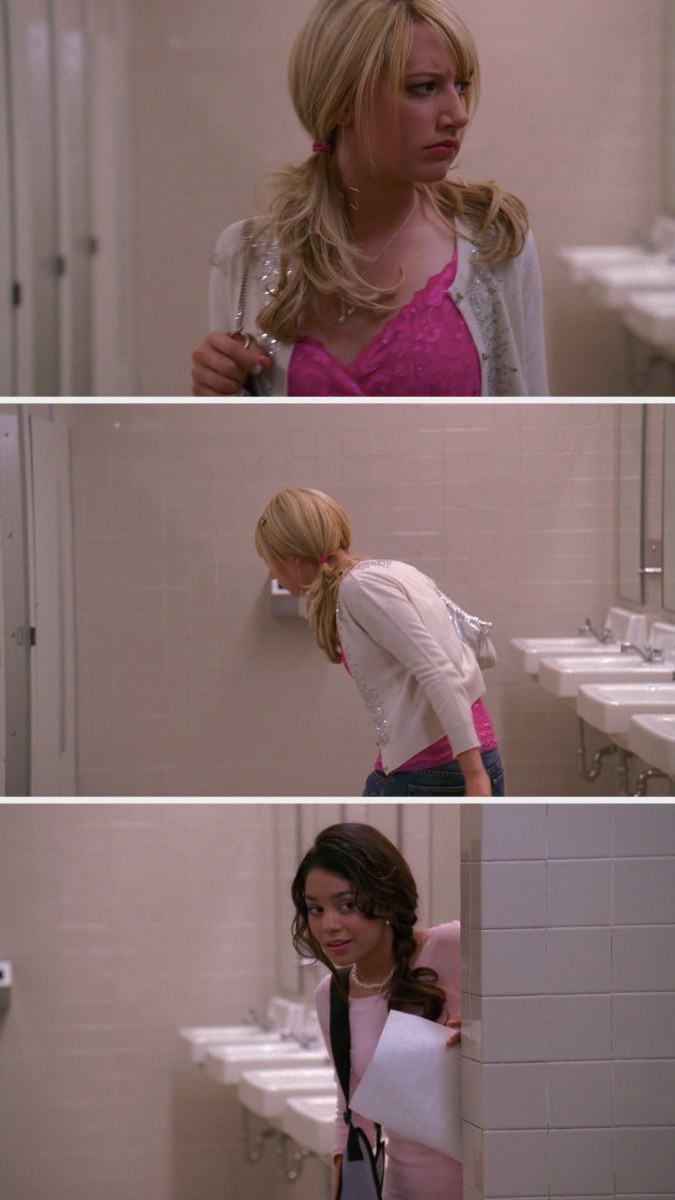 Gabriella is hiding against a wall, Sharpay looks directly at that spot and looks around, then leaves without seeing Gabriella