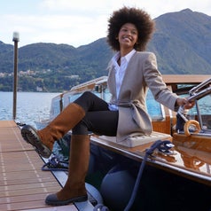 Model wearing the brown boots