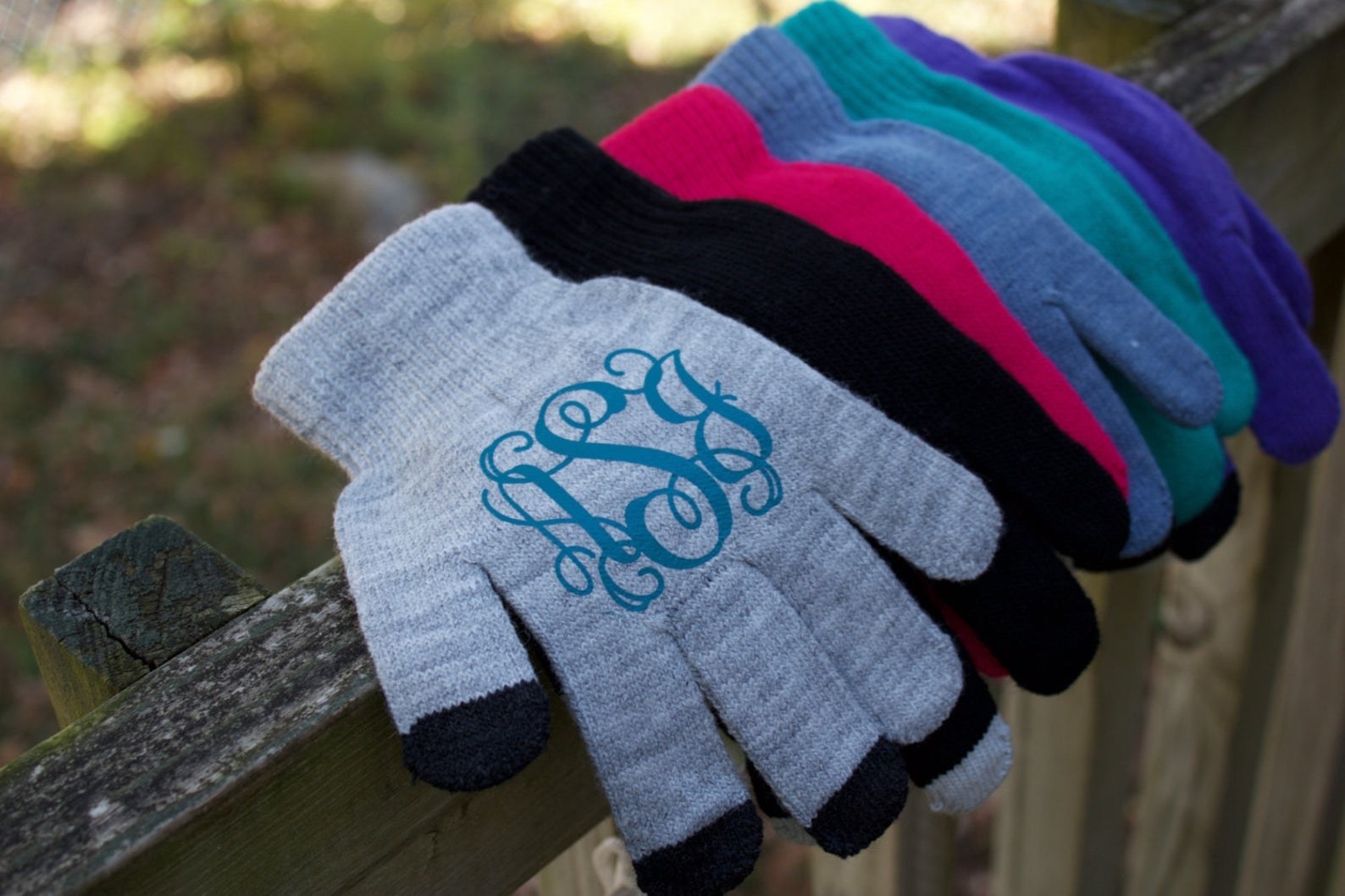 various colors of monogrammed texting gloves