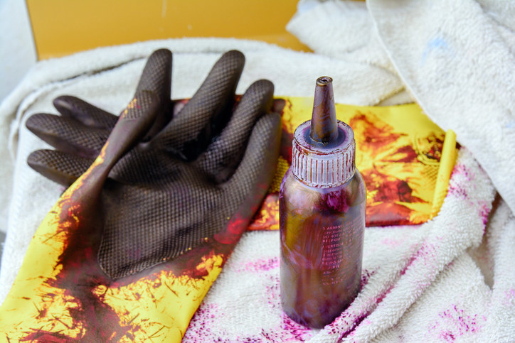 hair dye on towels and gloves