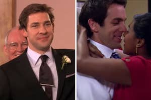 Jim from "The Office" is wearing a tux on the left with Kelly and Ryan on the right about to kiss