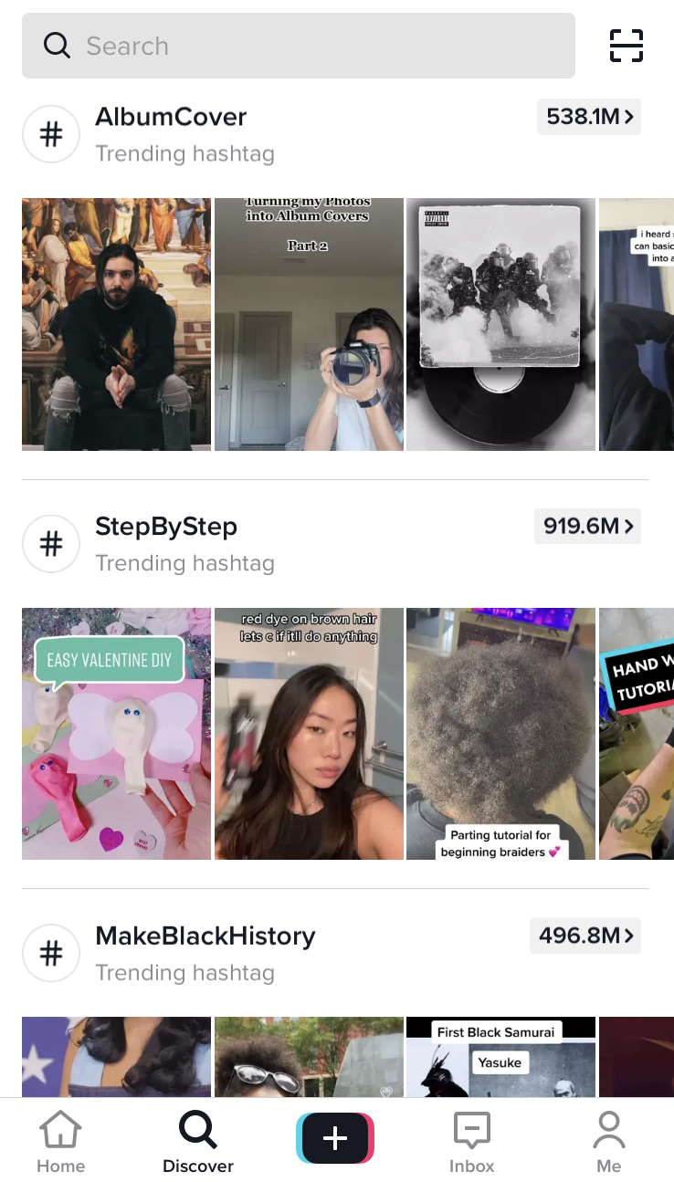 Screenshot of the TikTok interface that allowed you to discover trends.
