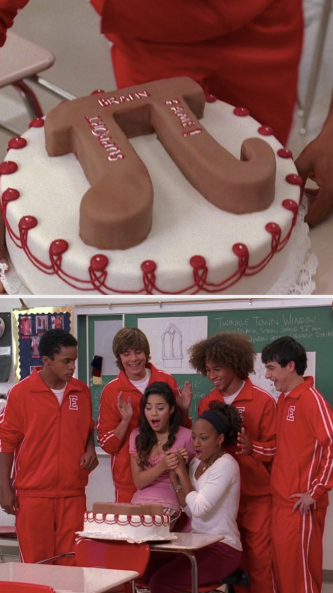 Gabriella and Taylor gasp as they look at the cake with &quot;pi&quot; on it while Zeke, Troy, Chad, and Jason smile behind them