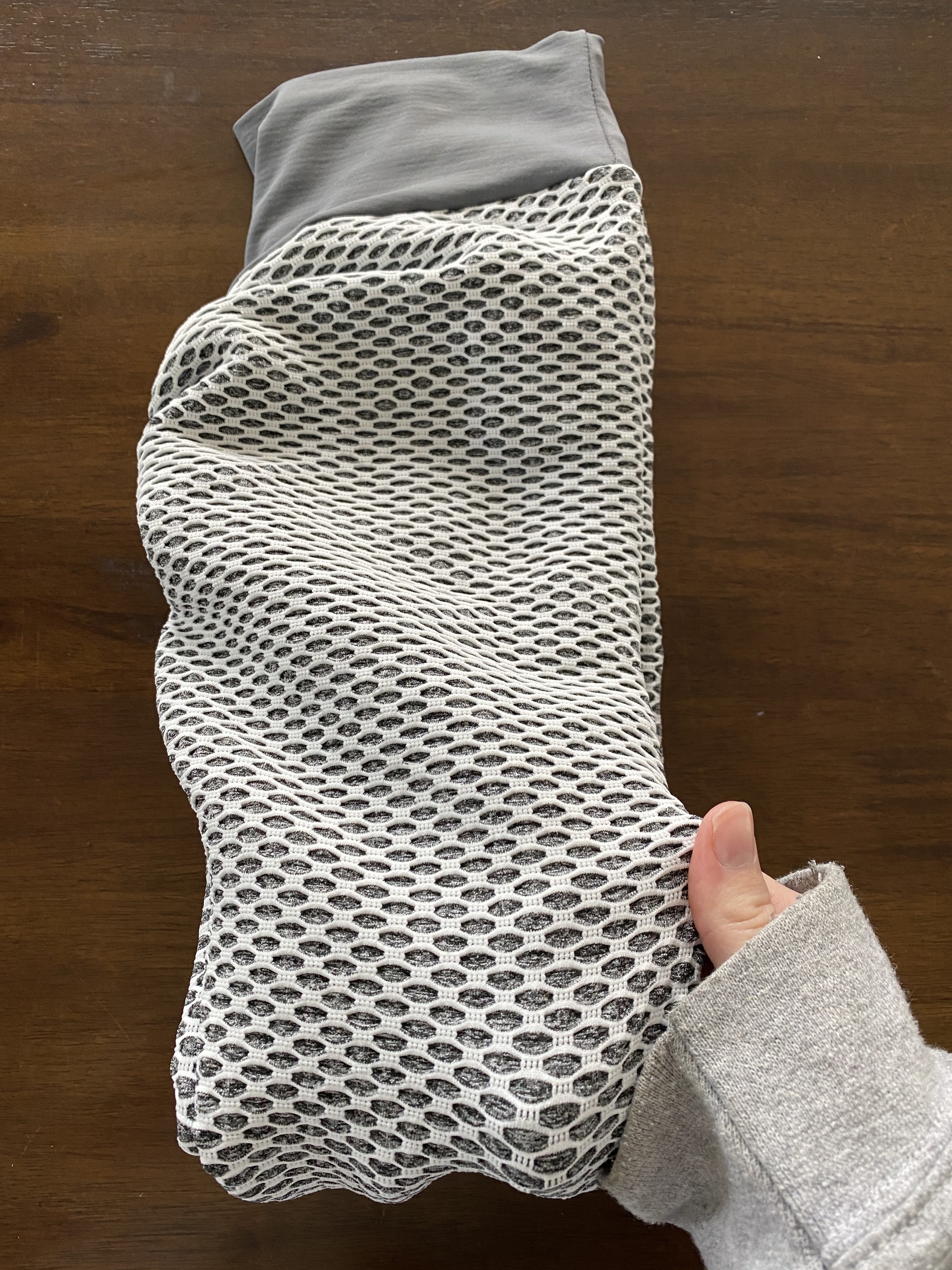 A close-up of the leggings, and the netted material