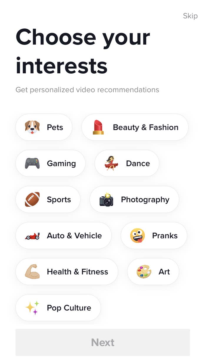 Screenshot of the TikTok interface that allowed you to pick interests like &quot;Art&quot; and &quot;Sports.&quot;