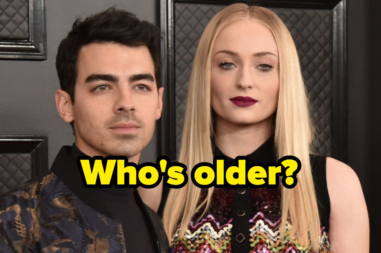 Joe Jonas and Sophie Turner with phrase "who's older?"