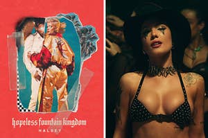 A cover of "Hopeless Fountain Kingdom" is on the left with Halsey in a swimsuit on the right