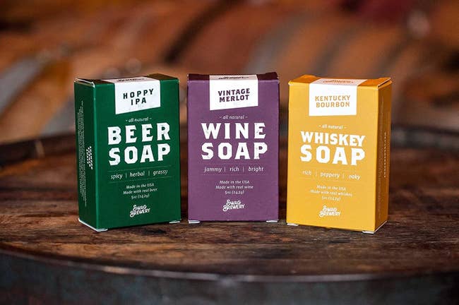 three soap boxes of soap in beer, wine, and whisky scents