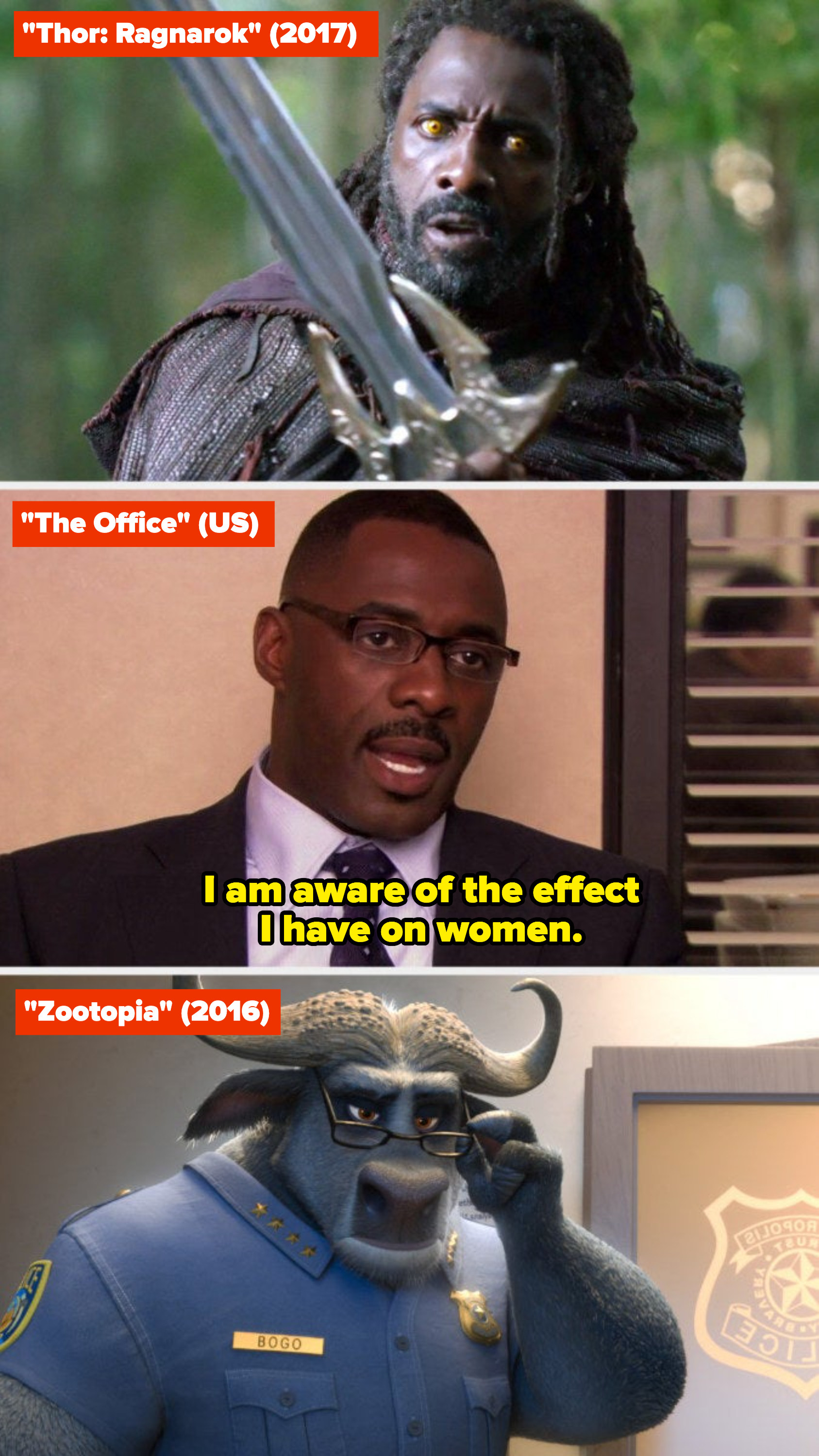 Idris Elba in "Thor: Ragnarok," "The Office," and "Zootopia"