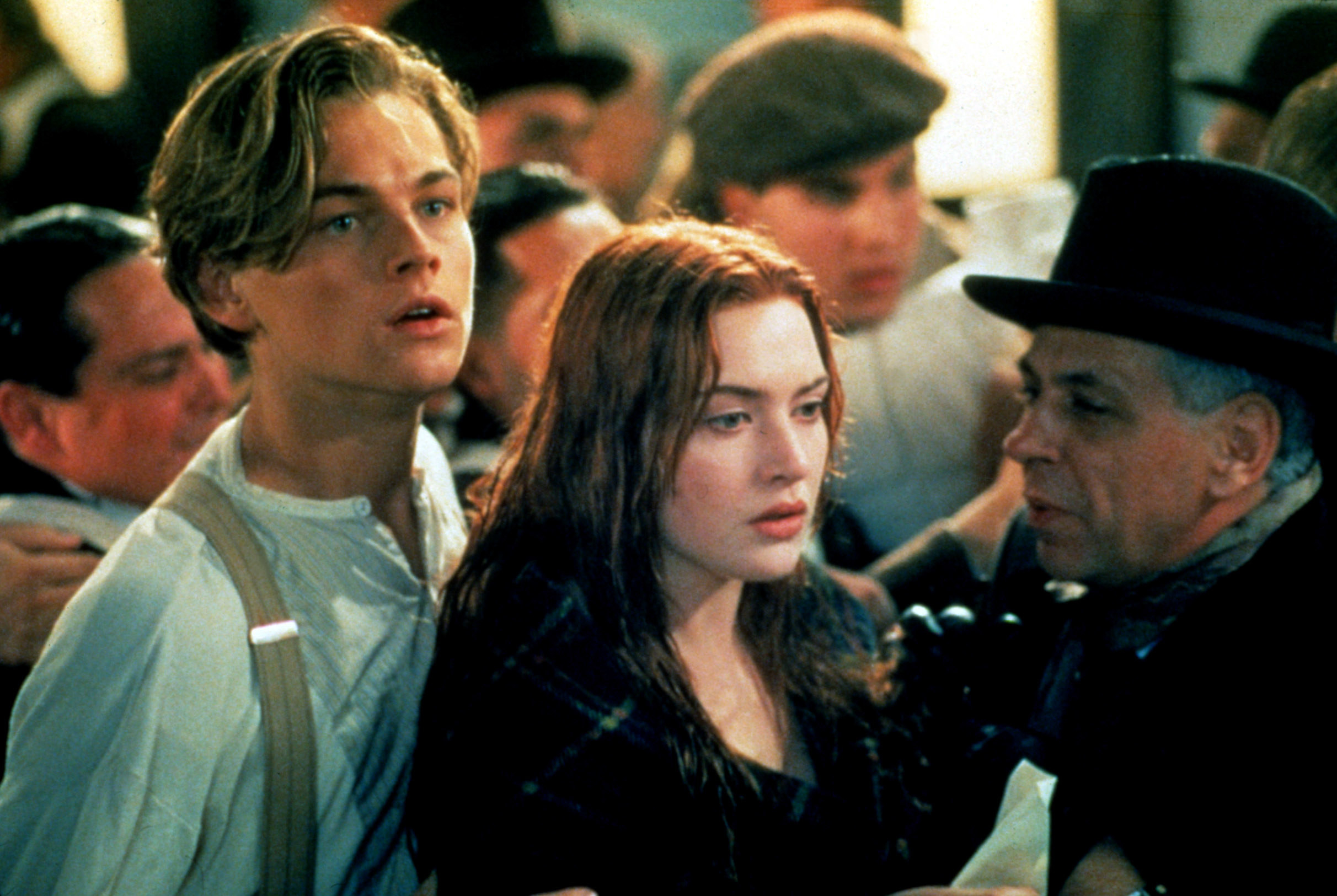 Leonardo DiCaprio and Kate Winslet in line for the lifeboats in the film Titanic