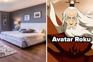 A bed sits on a platform in a bedroom and James Garrett as Avatar Roku in the show "Avatar: The Last Airbender."