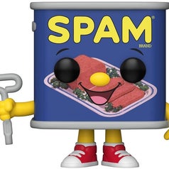 spam can with happy face, arms, and legs on it 
