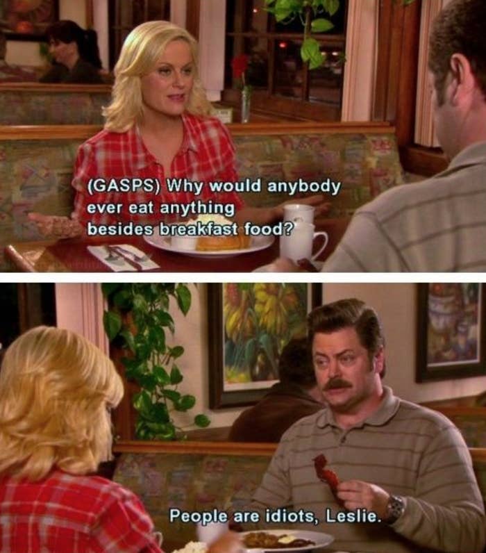 Leslie and Ron from Parks &amp; Rec eating breakfast
