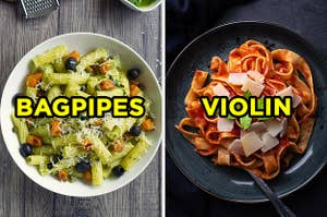 On the left, a bowl of ziti with pesto topped with squash, olives, and cheese labeled "bagpipes," and on the right, some tagliatelle with tomato sauce and cheese labeled "violin" 